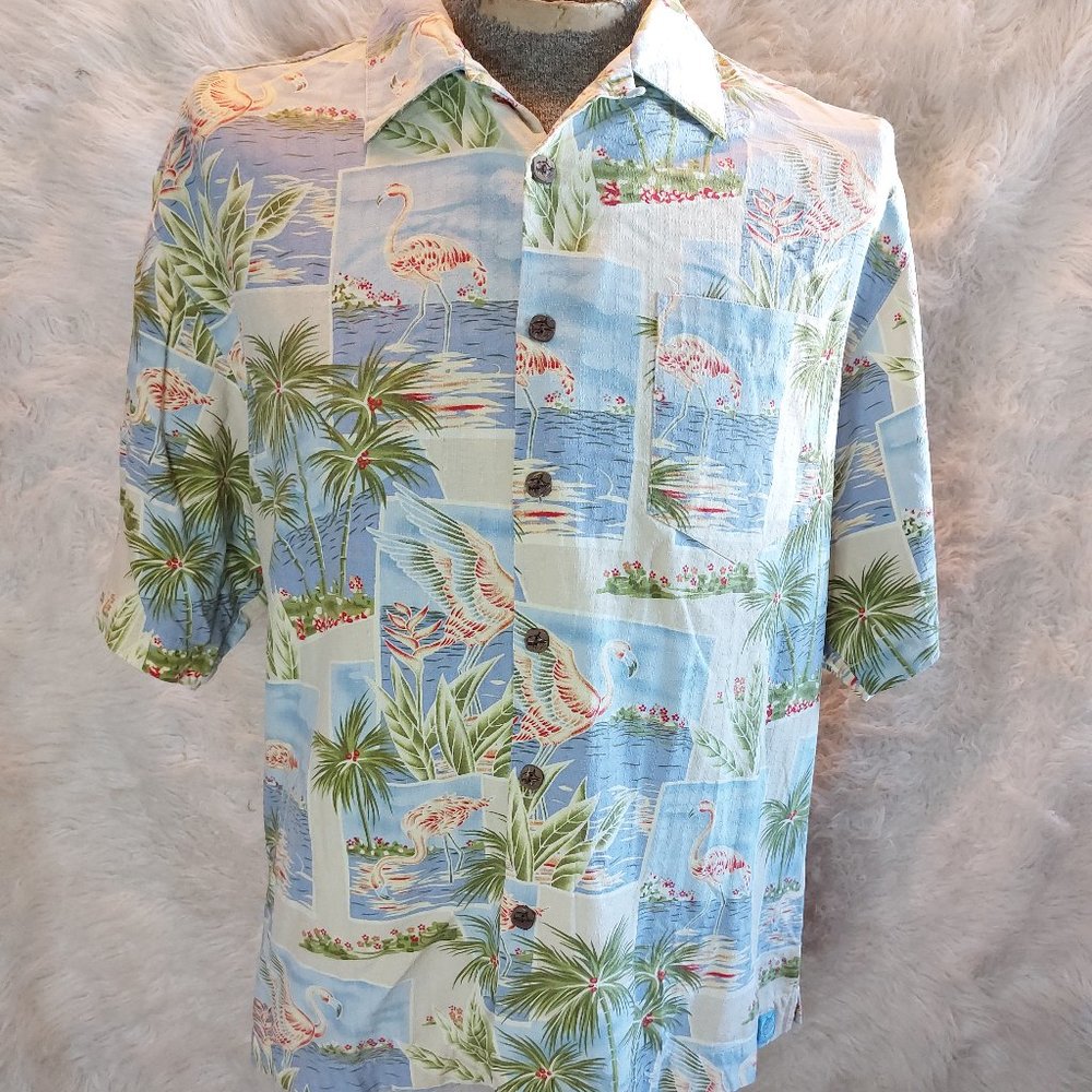 Bermuda Bay Men's Blue Silk Flamingo Hawaiian Button Down Shirt L
